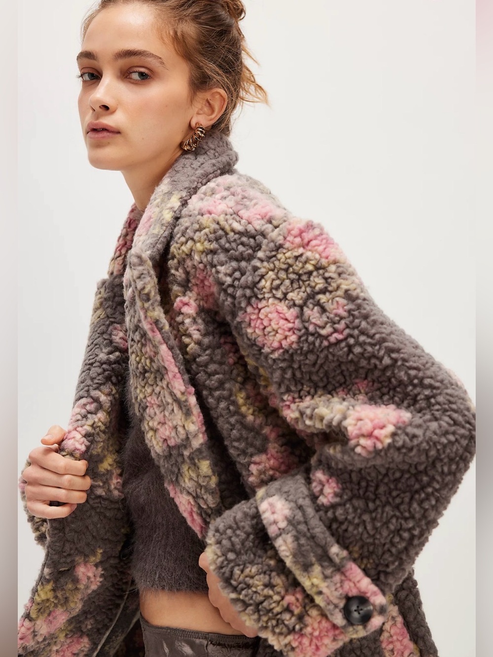 Free People Bali Sweet Attractions Floral High Pile Fleece Teddy Coat M NWT